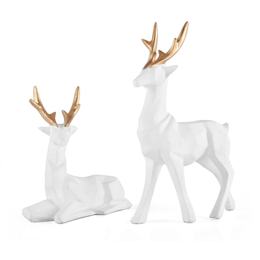 Lucky Deer Family Ceramic Figurine Showpiece Set of 2 - Matte Finish White