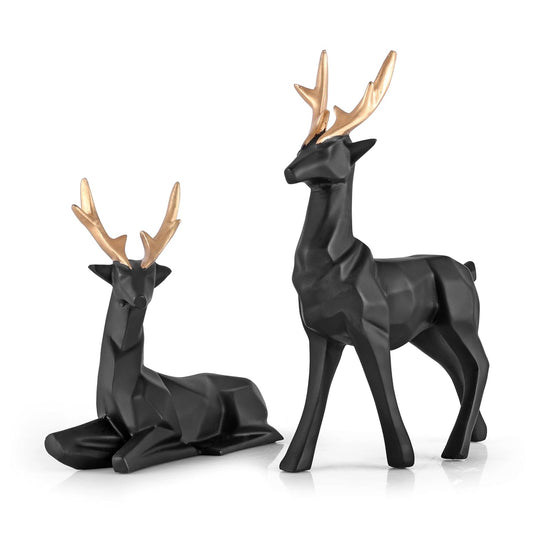 Lucky Deer Family Ceramic Figurine Showpiece Set of 2 - Matte Finish Black