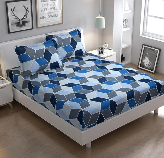 Blue Hexagon 100% Ahmedabad Queen Size Cotton Double Bed Bedsheet (88" x 96") with 2 King Size Pillow cover