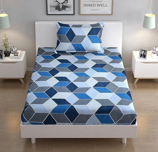 Blue Hexagon 100% Ahmedabad Cotton Single Bed Bedsheet (88" x 55") with a King Size Pillow cover