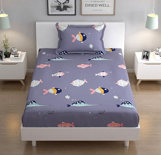Blue Fish Kids 100% Ahmedabad Cotton Single Bed Bedsheet (88" x 55") with a King Size Pillow cover