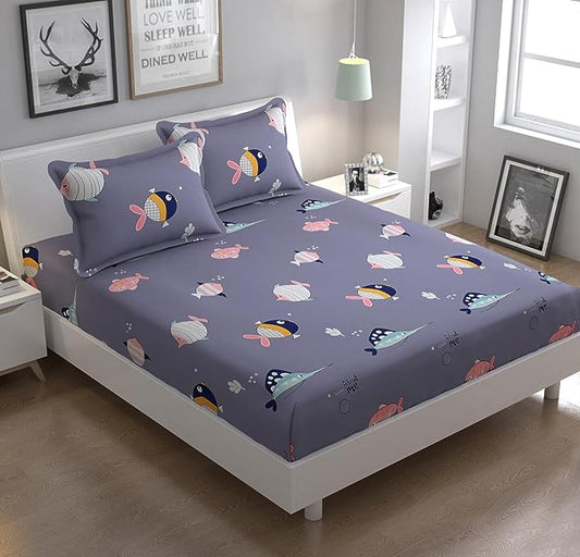 Blue Fish 100% Ahmedabad Queen Size Cotton Double Bed Bedsheet (88" x 96") with 2 King Size Pillow cover