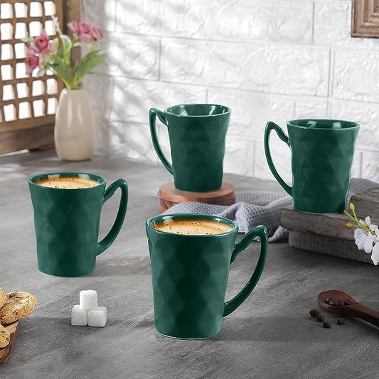 Diamond Cut Ceramic Serving Coffee Mug Tea Cup - 300 ML, Pack of 4