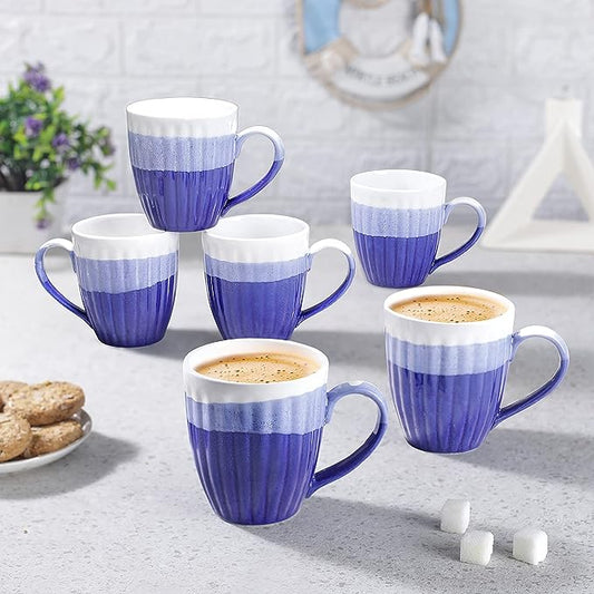 Triple Blue Ceramic Serving Coffee Mug/ Tea Cup - 300 ML, Pack of 6