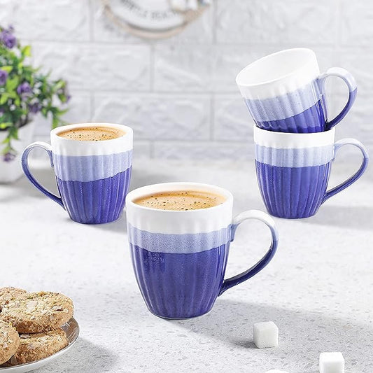 Triple Blue Ceramic Serving Coffee Mug/ Tea Cup - 300 ML, Pack of 4