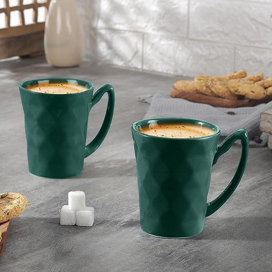 Diamond Cut Ceramic Serving Coffee Mug/ Tea Cup - 300 ML, Pack of 2