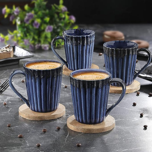 Glossy Blue Black Ceramic Serving Coffee Mug/ Tea Cup - 300 ML, Pack of 4