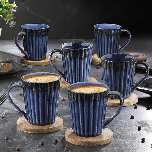 Glossy Blue Black Ceramic Serving Coffee Mug/ Tea Cup - 300 ML, Pack of 6
