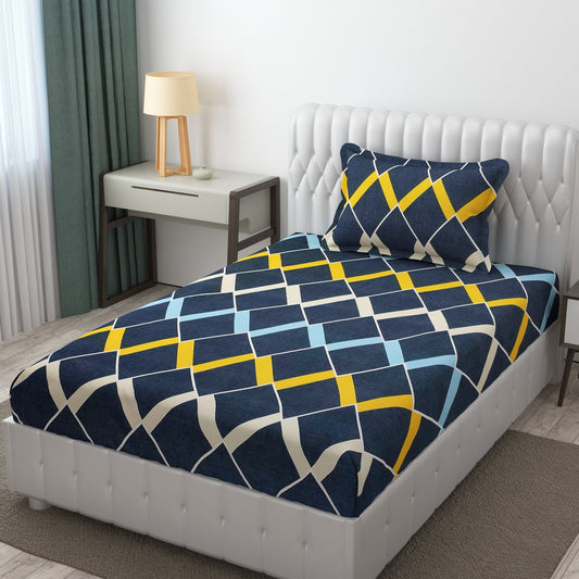 Blue Square 100% Ahmedabad Cotton Single Bed Bedsheet (88" x 55") with a King Size Pillow cover